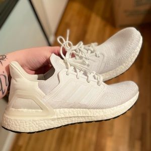 White Adidas ultra boost running shoes